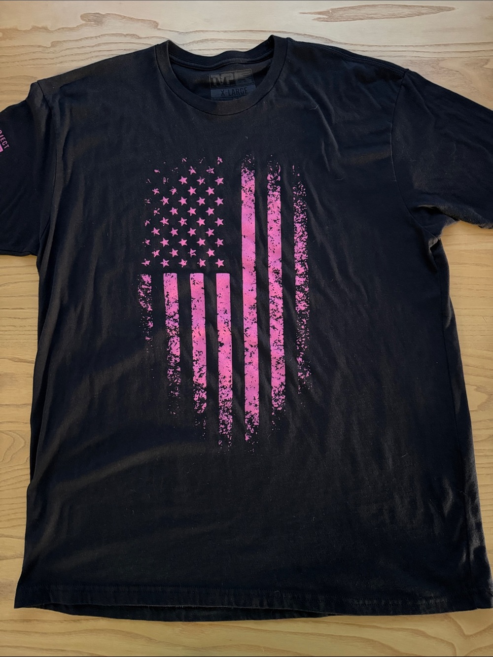 Black Short-Sleeve Crewneck Tee with Pink Distressed Flag Graphic